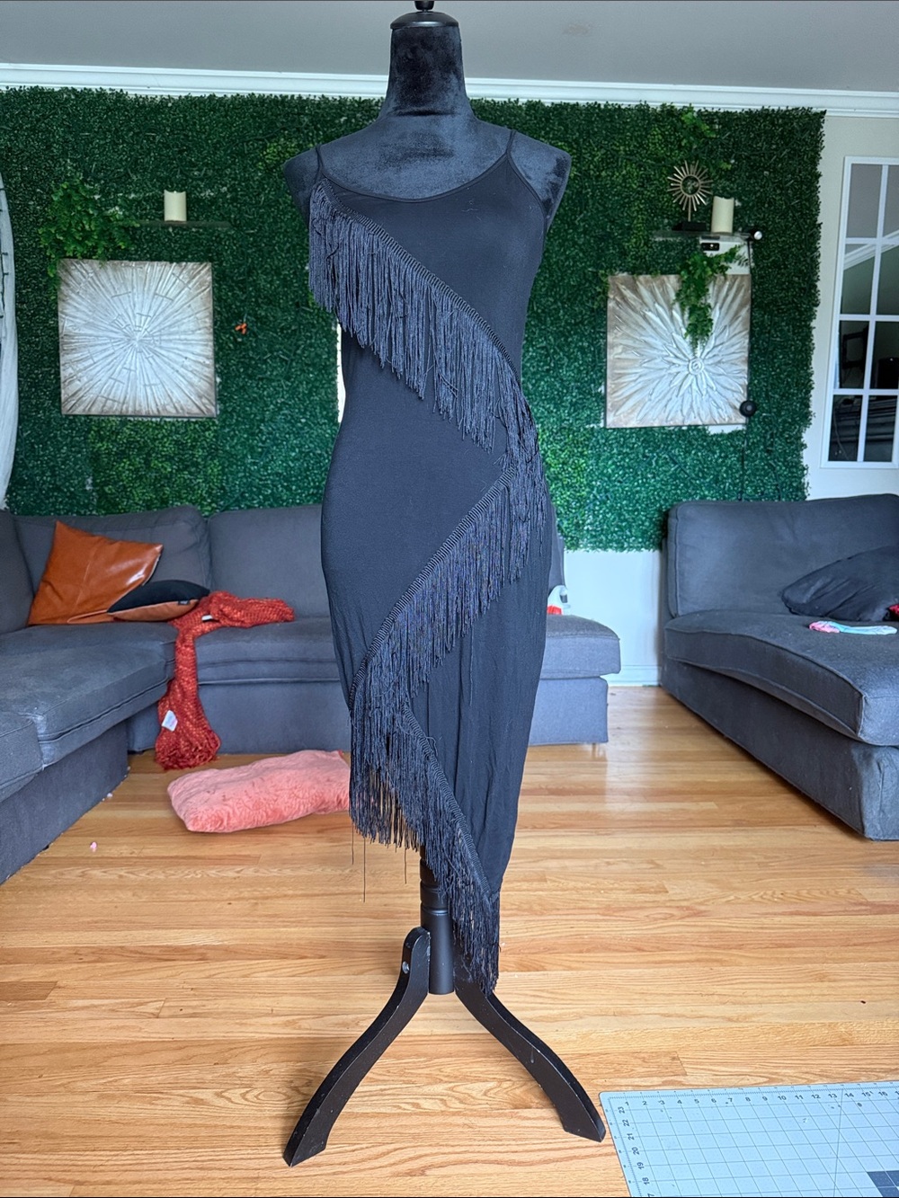 Black Fringe Asymmetrical Midi Dress Flapper Gatsby Latin Dance Cocktail Dress